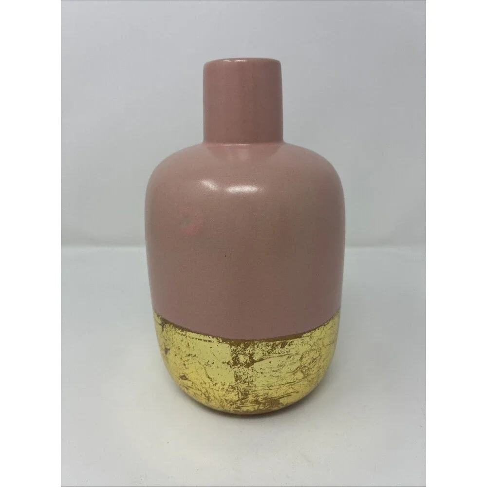 Vintage Pier 1 Blush Pink And Gold Pottery Vase Dipped Gold Metallic, Retired